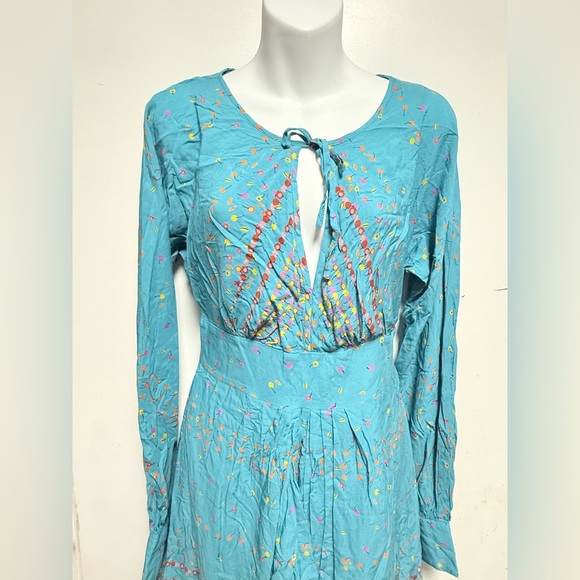 Free People Coryn Mini Dress Front Cut Out Pleated Blue/Green Open Back - Picture 4 of 10